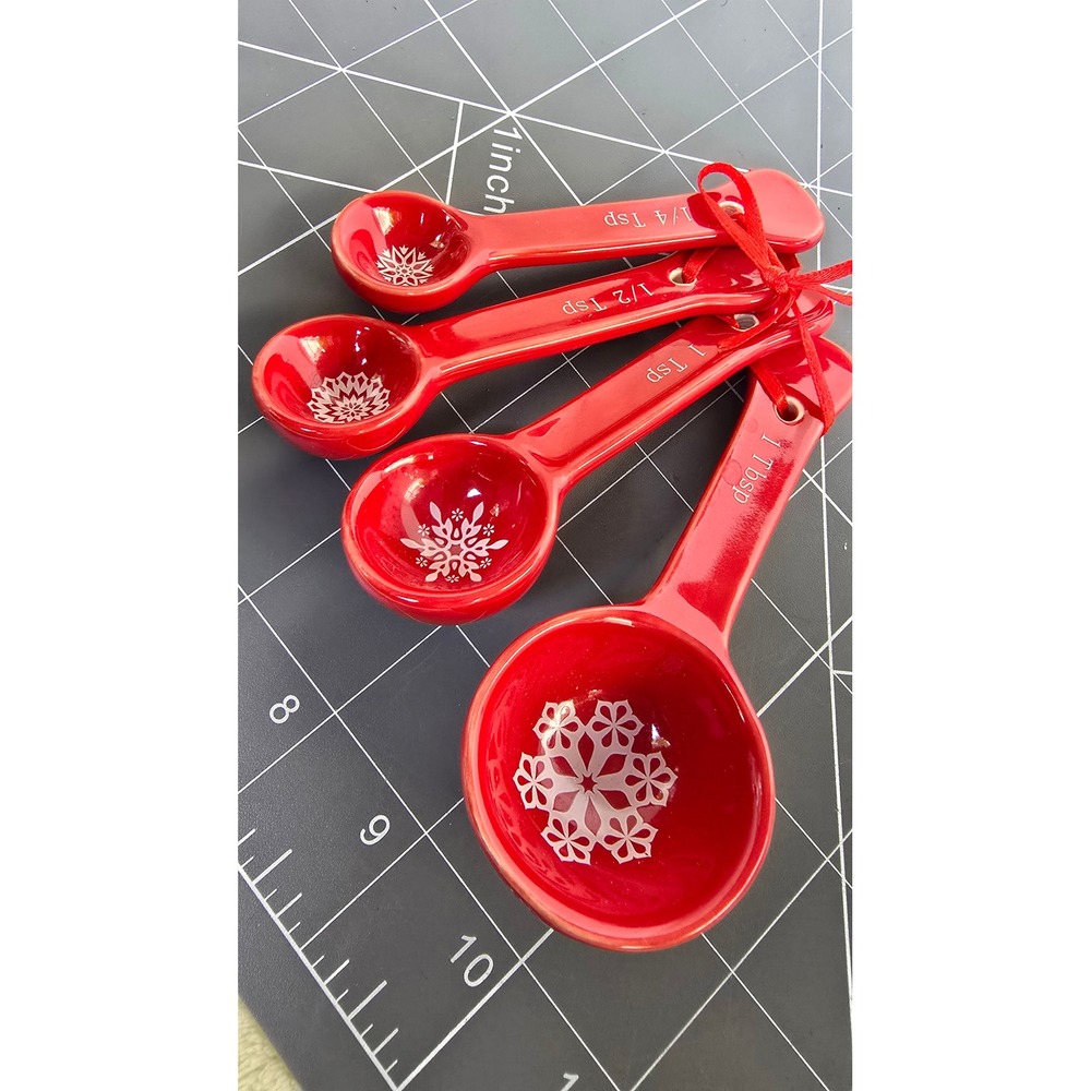 Red Ceramic Measuring Spoons Set of 4 Glossy Glazed Kitchen Baking Tools